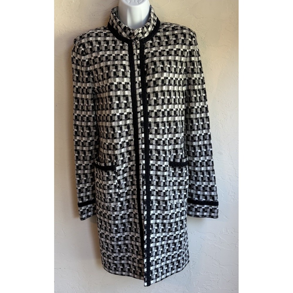 St. John Collection Long Jacket Coat 8 Basketweave Plaid Knit Braided Trim